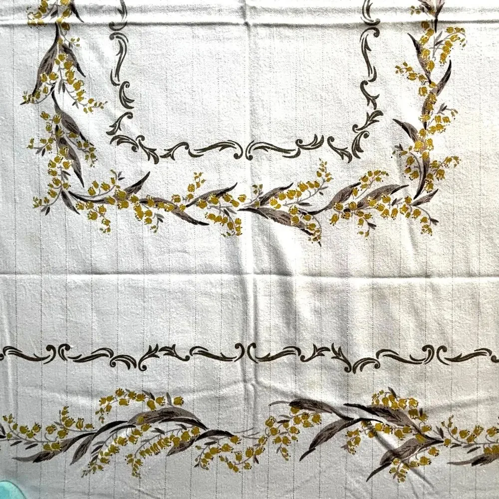 Vintage Tablecloth Cotton blend gray gold floral border print silver metallic